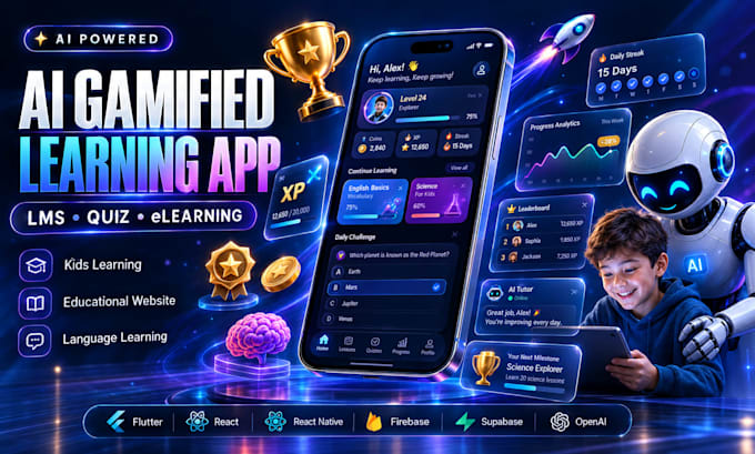 build ai gamification kids learning app lms educational website quiz app edtech