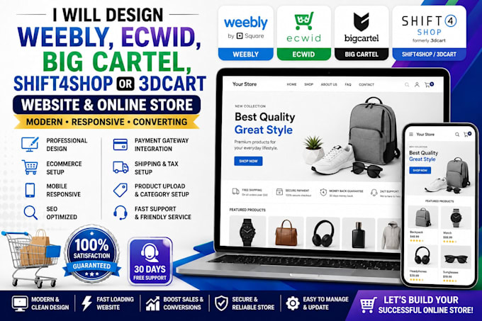 design weebly, ecwid, big cartel, shift4shop or 3dcart website