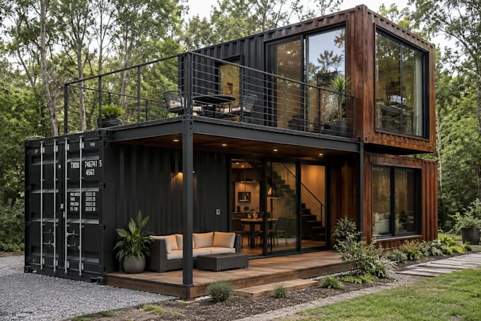 design a shipping container house with realistic 3d renderings
