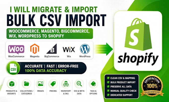 migrate bulk CSV import woocommerce magento bigcommerce wix wordpress to shopify