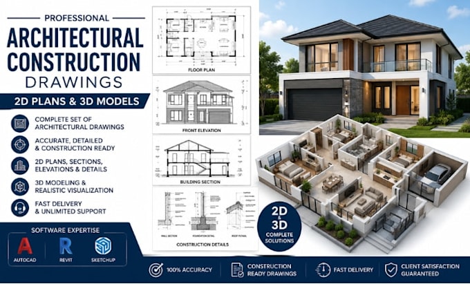 draw a full set of architectural construction drawings, 2d and 3d construction
