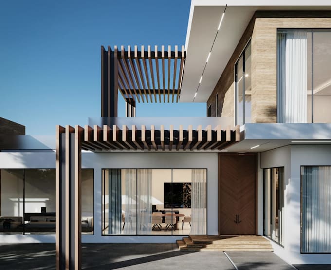 modern house elevation drawing, 3d render for marketing purpose, vr walkthrough