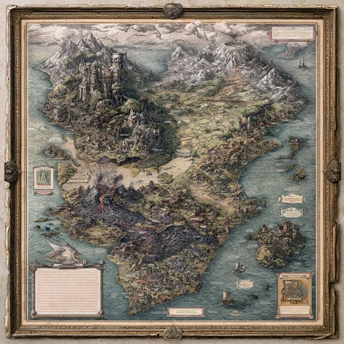 draw a detailed hand drawn fantasy map