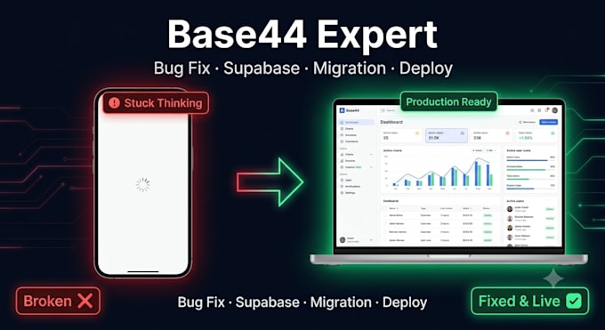 be base44 expert for base44 app bug fix, website migration supabase integration