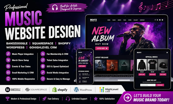 do bandzoogle squarespace shopify wordpress gohighlevel crm music website design