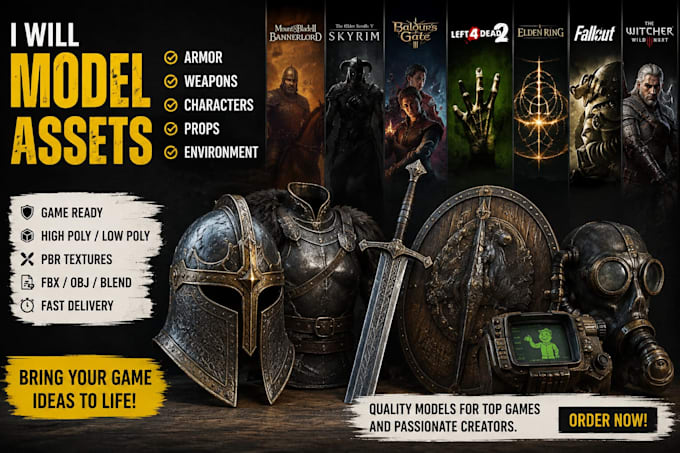 bannerlord, skyrim, bg3, l4d2, elden ring, fallout, witcher 3 model assets armor
