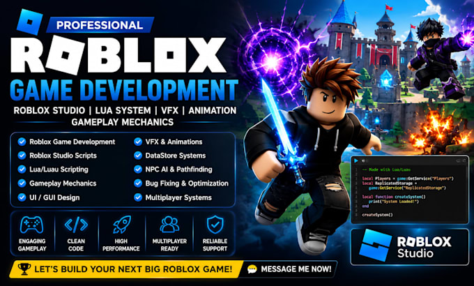 do roblox game, roblox studio scripts, lua system, vfx, animation, gameplay mech