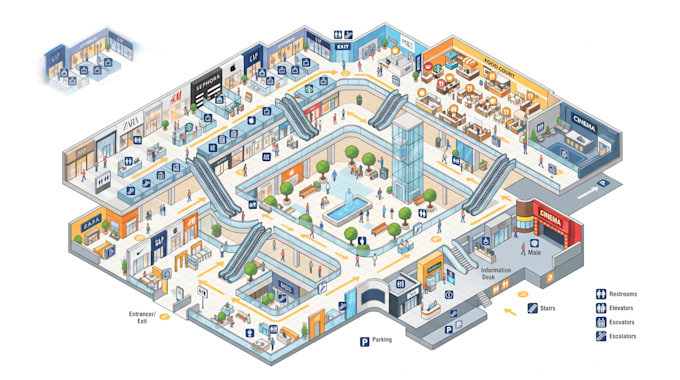 design a professional shopping mall map, directory map and wayfinding map