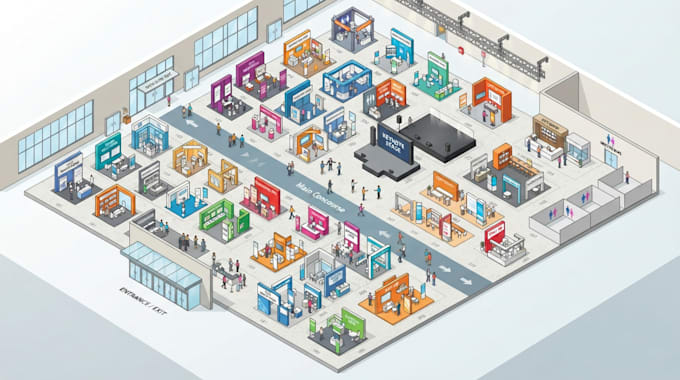 create custom trade show maps, exhibition hall layout, visitor wayfinding guides