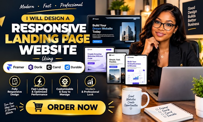 design a responsive landing page website using framer dorik carrd durable