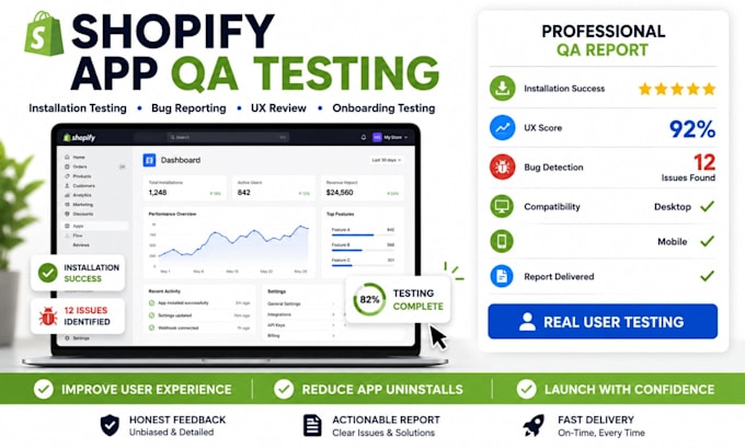 do shopify app review, shopify app installation, shopify app testing, report bug