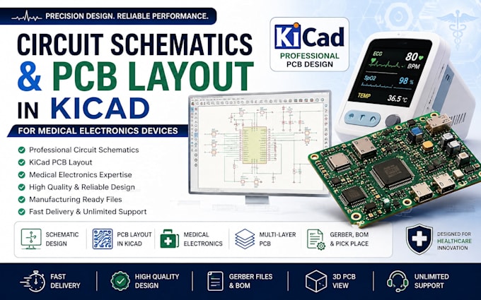 design circuit schematics and pcb layout in kicad for medical electronics device