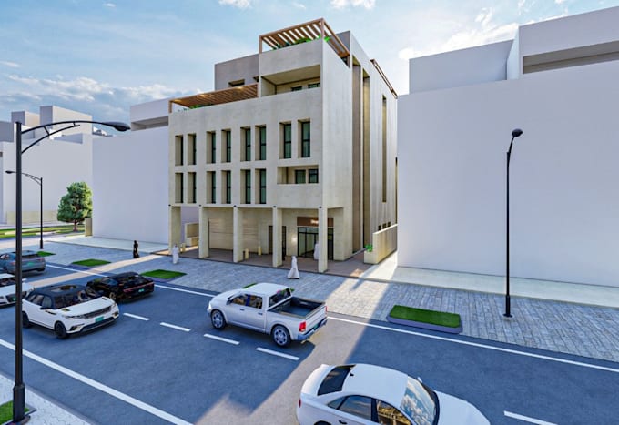 detailed cgi residential complex render,rooftop solar panel,site building tower