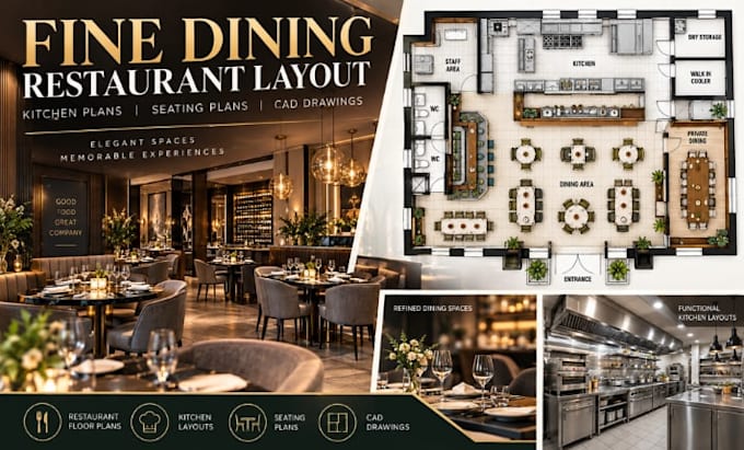 design fine dining restaurant layouts, kitchen plans, seating plans, cad drawing