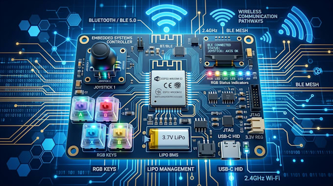 design custom esp32 gaming controller pcb, keyboard, embedded systems, firmware