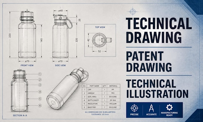 create technical drawing, patent drawing and technical illustration
