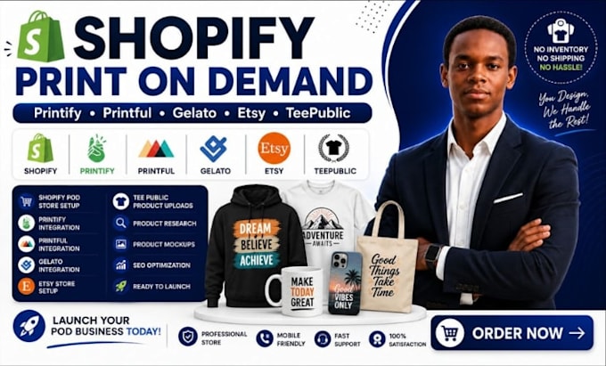 setup etsy shopify pod store with printful printify gelato teepublic