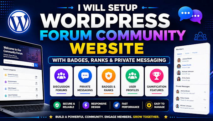 setup wordpress forum community website with badges ranks private messaging