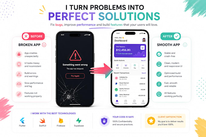 fix bugs, crashes and errors in your flutter or swiftui app