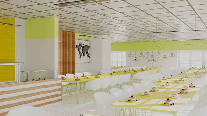 design realistic 3d school canteen and cafeteria interior