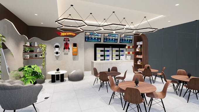 3d commercial space design,coffee lounge interior layout render, cafe restaurant