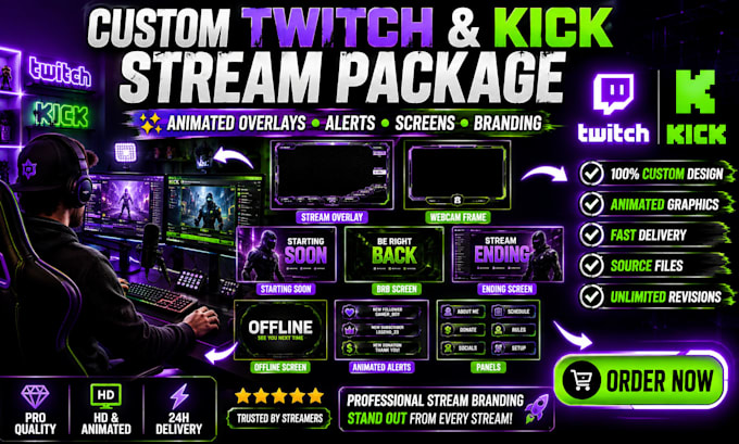 design a custom kick and animated twitch overlay and professional stream