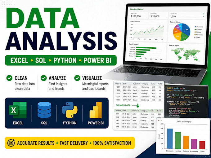 do data analysis using excel, sql, python and power bi