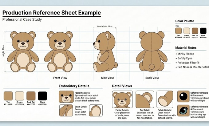 design a custom plush toy reference sheet for manufacturing