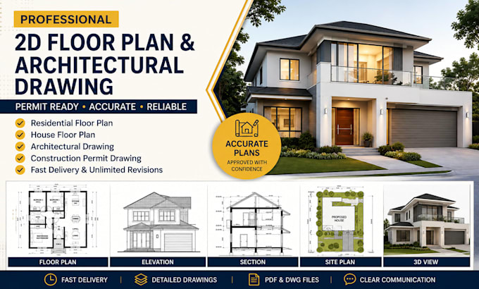 draw professional 2d floor plan, architectural drawing, full house plan