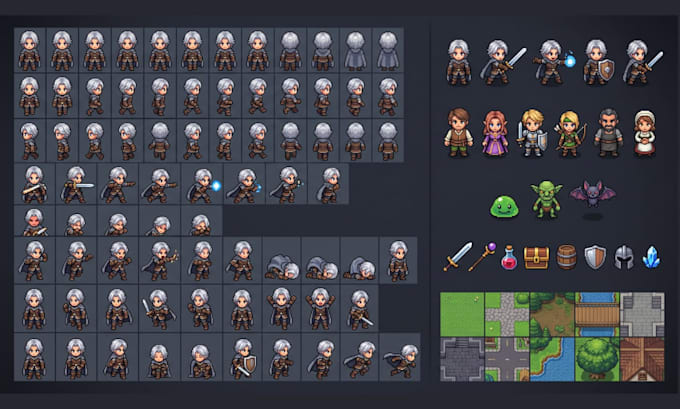 create top down rpg maker mz animated sprite sheet and fantasy PC sprites