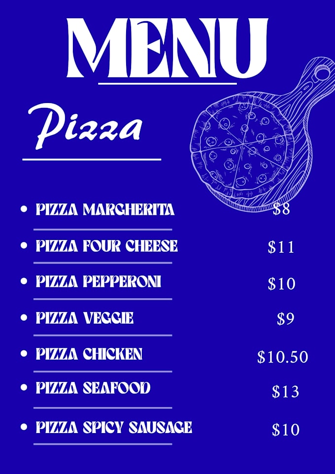 design a professional restaurant menu for pizza, burger, or cafe
