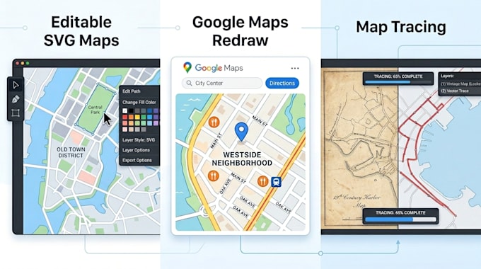 create editable svg maps, google maps redraw, and map tracing