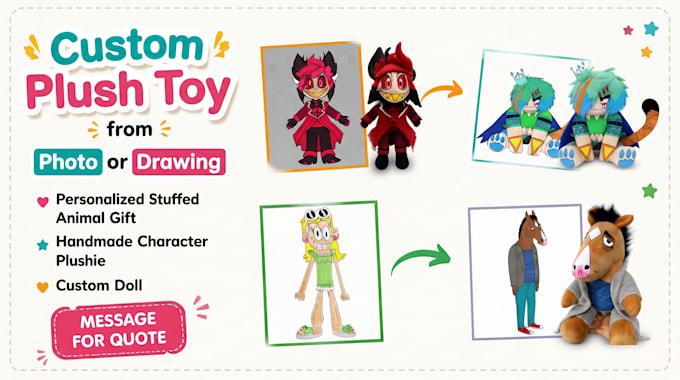 create custom plush toy from drawing, handmade character