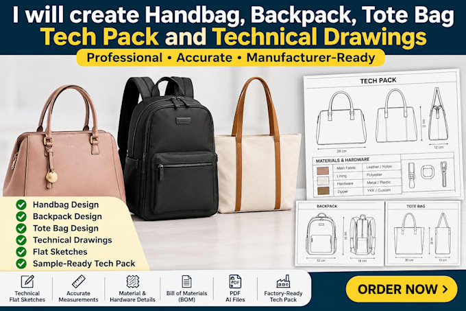 create handbag, backpack, tote bag tech pack and 2d technical drawings