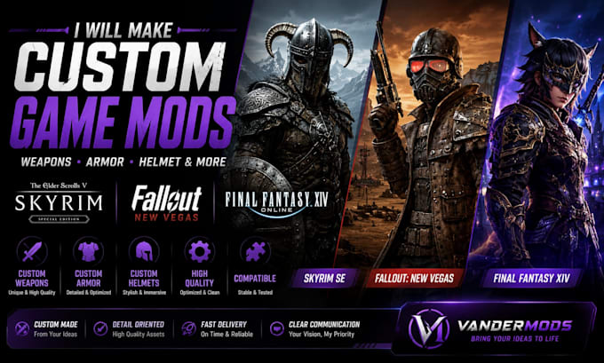 make custom skyrim se mods, weapons, armor, helmet for fallout nv, ffxiv
