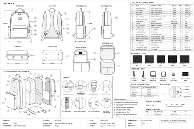 create a factory ready bag backpack handbag tech pack for manufacturing
