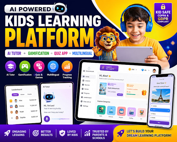 build ai gamification learning website quiz kids learning app language tutor app