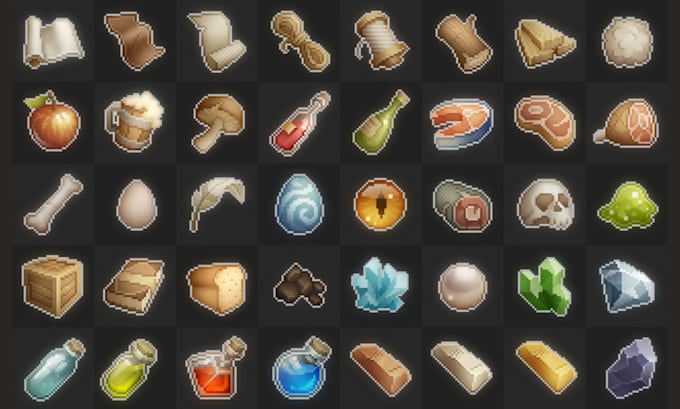 create custom pixel art icon, items, 2d game assets, rpg icons