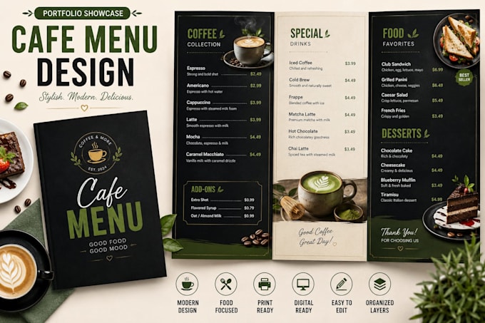 create a professional restaurant menu, digital menu board and cafe menu design