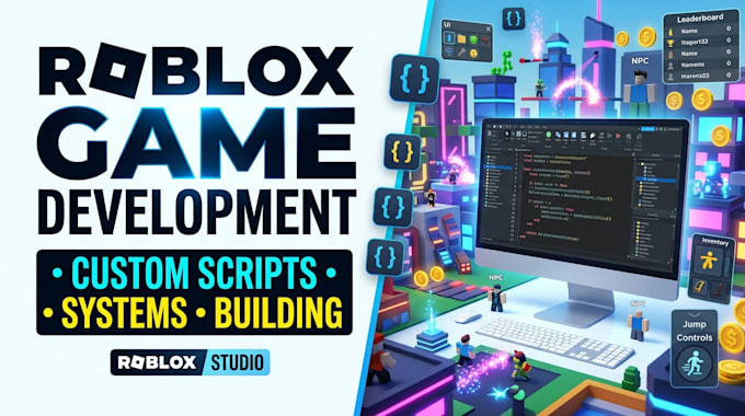 develop your roblox game, script custom systems and build in roblox studio