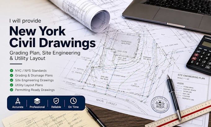 provide new york civil drawings, grading plan, site engineering utility layout