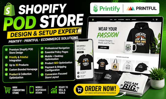 shopify pod printify printful store design ecommerce website setup expert