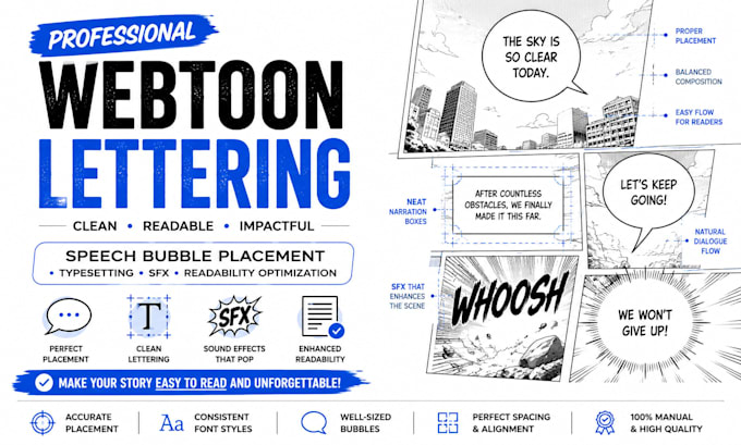 do professional webtoon lettering, comic typesetting and speech bubble placement