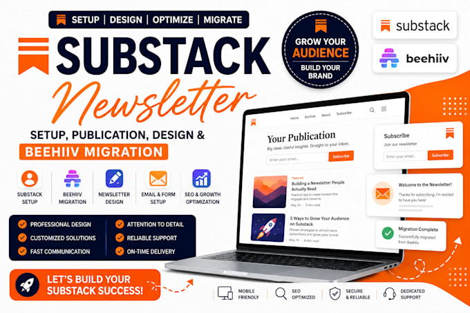 setup substack newsletter, publication, design and beehiiv migration