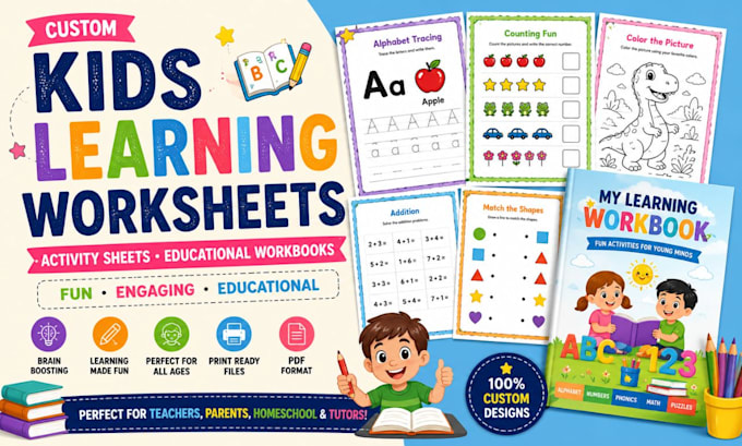 design learning worksheets, activity sheets, educational workbooks for kids