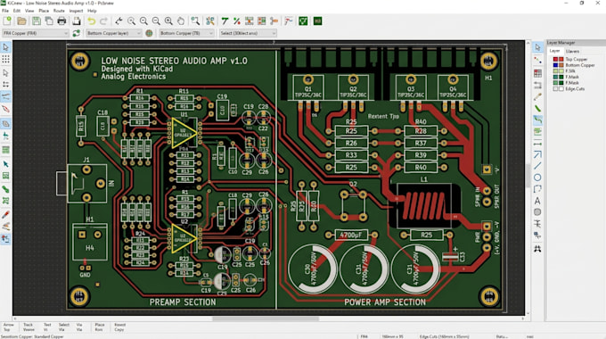 design low noise audio amplifier pcb, analog electronics, preamp and power amp