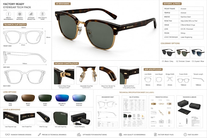 design industrial eyewear tech pack design, factory tech pack and 3d rendering