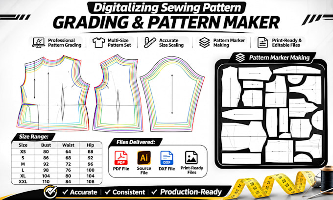 create sewing pattern grading, apparel pattern, size grading, PDF dxf