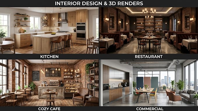 provide kitchen, restaurant, cafe and commercial interior design with 3d render