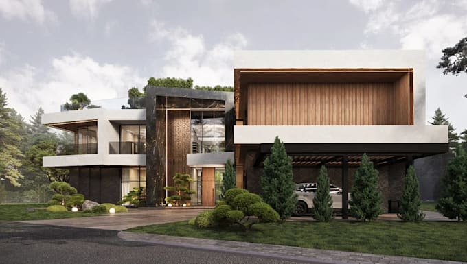 build exterior render from dwg elevation,cantilever building structure,floorplan
